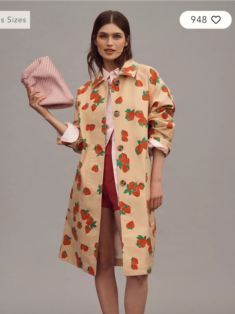 Maeve Beige Trench Coat with Red & Green Strawberry Print